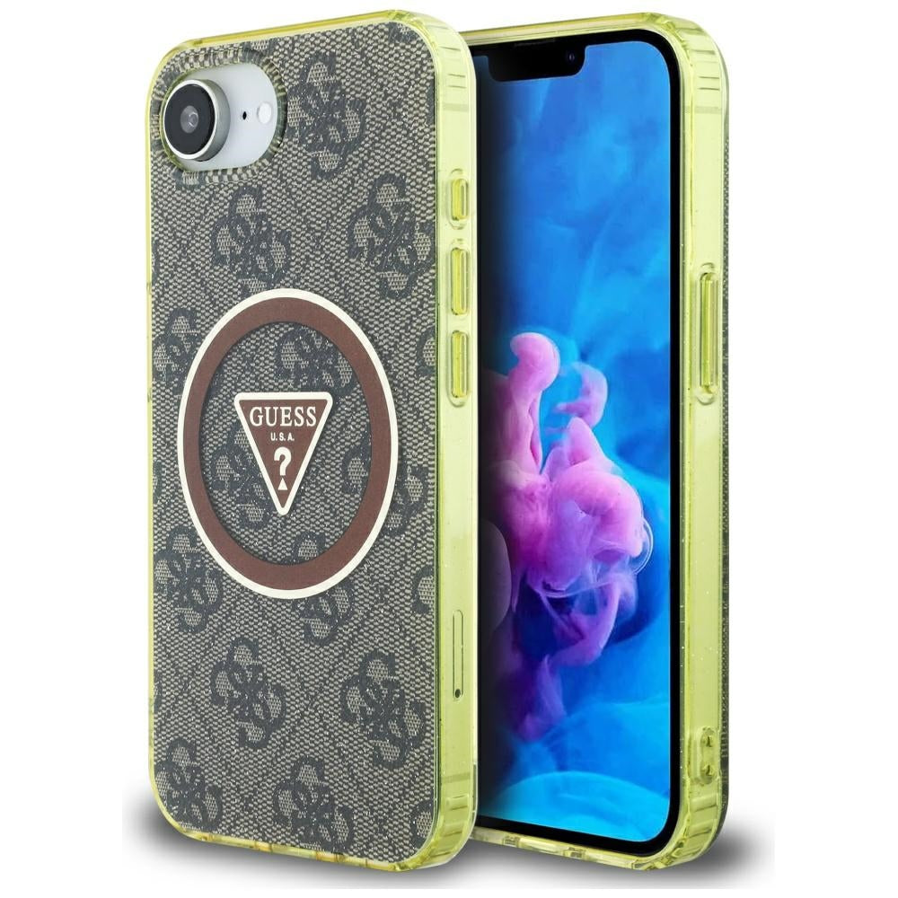 Husa Guess IML Metal Glitter 4G Circle Triangle Magsafe pentru iPhone 16e - Maro