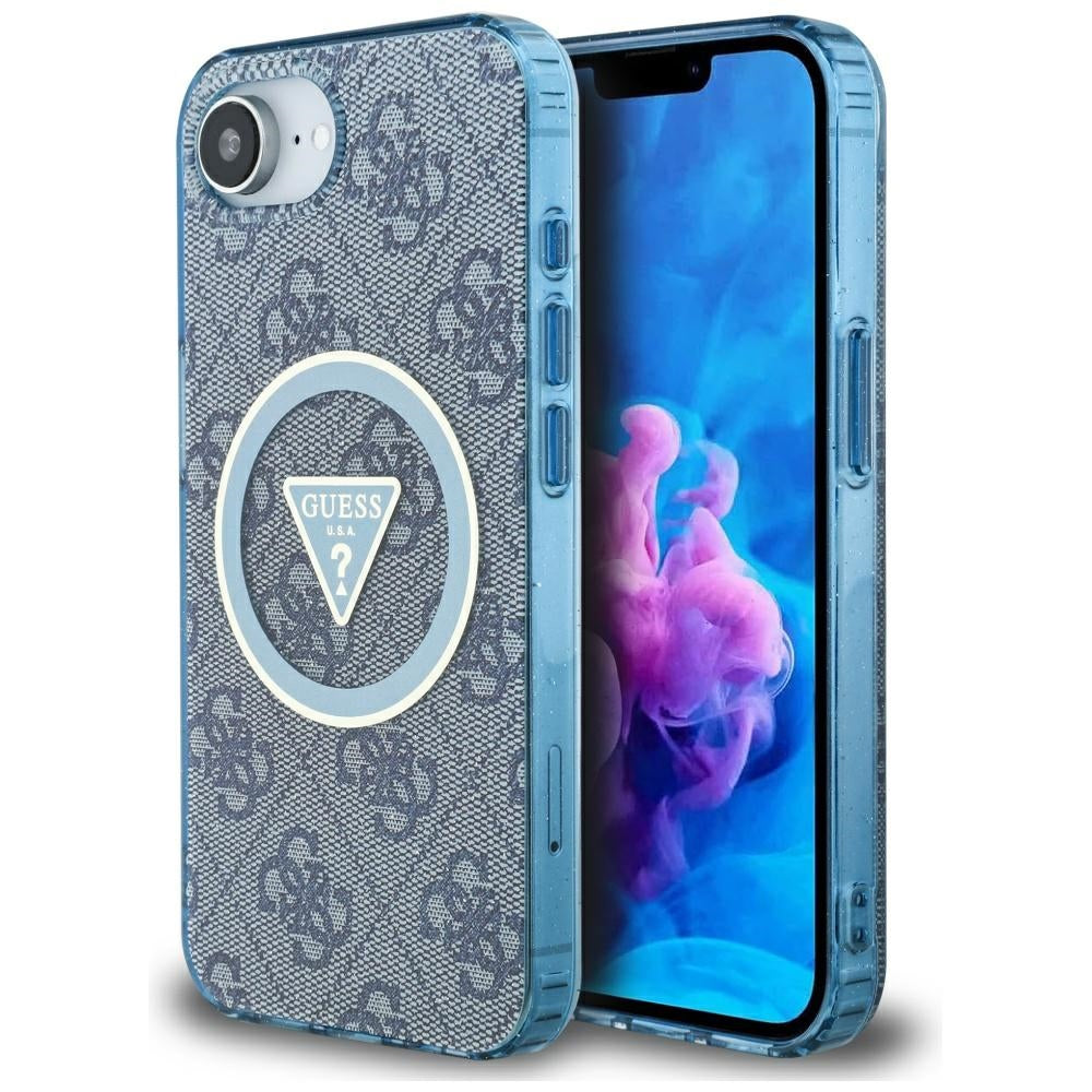 Husa Guess IML Metal Glitter 4G Circle Triangle Magsafe pentru iPhone 16e - Albastru
