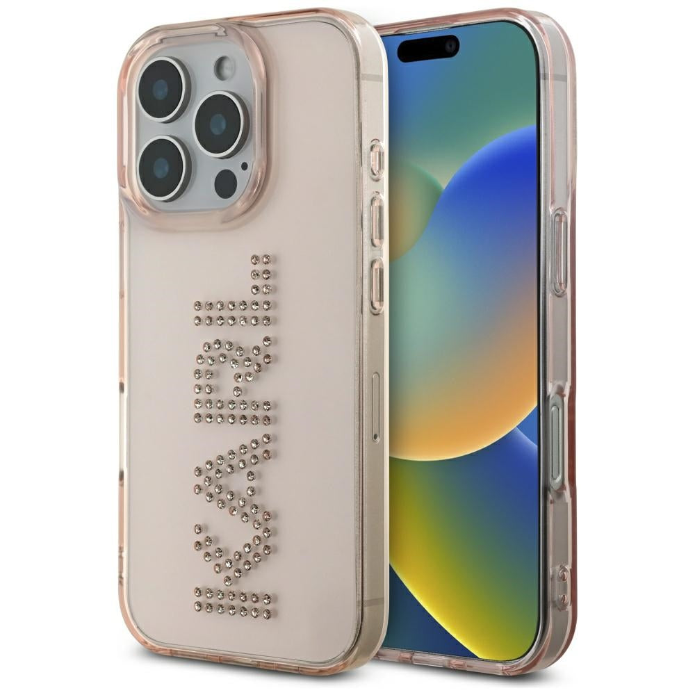 Husa Karl Lagerfeld IML Rhinestones Logo iPhone 16 Pro Max - Roz