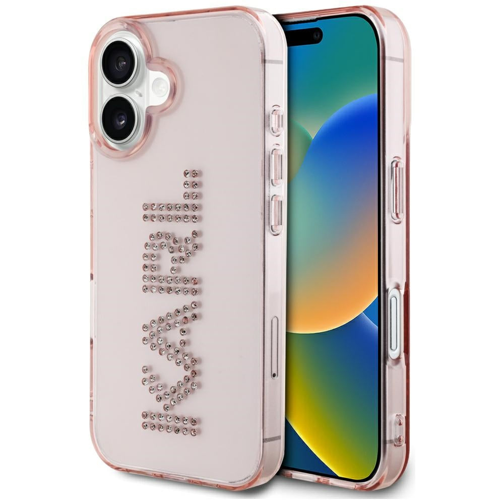 Husa Karl Lagerfeld IML Rhinestones Logo iPhone 16 - Roz