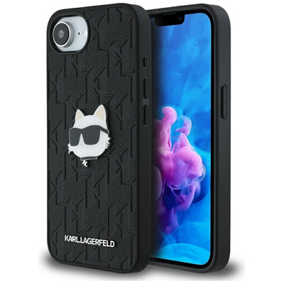 Husa Karl Lagerfeld Monogram Choupette Head Pin iPhone 16e - Negru