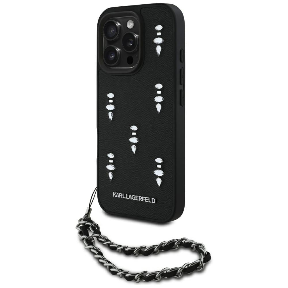 Husa Karl Lagerfeld Saffiano Crystals W/Chain iPhone 16 Pro - Negru