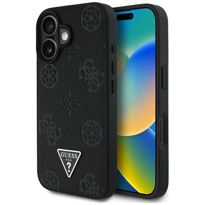 Husa Guess Grained Hot Stamp Peony Triangle Logo Magsafe pentru iPhone 16 - Negru