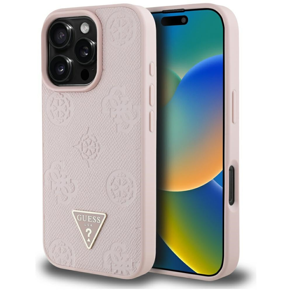 Husa Guess Grained Hot Stamp Peony Triangle Logo Magsafe iPhone 16 Pro - Roz