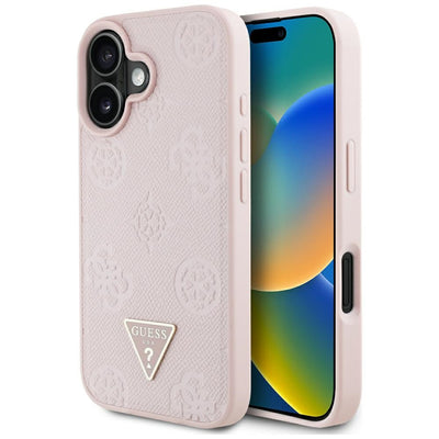 Husa Guess Grained Hot Stamp Peony Triangle Logo Magsafe iPhone 16 - Roz
