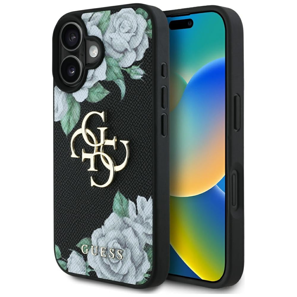 Husa Guess Grained Roses Big 4G Logo pentru iPhone 16 - Negru