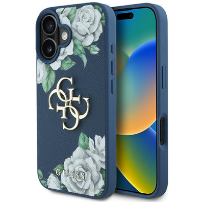 Husa Guess Grained Roses Big 4G Logo pentru iPhone 16 - Albastru
