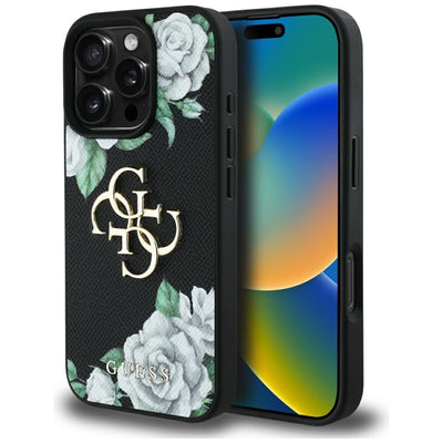 Husa Guess Grained Roses Big 4G Logo pentru iPhone 16 Pro Max - Negru