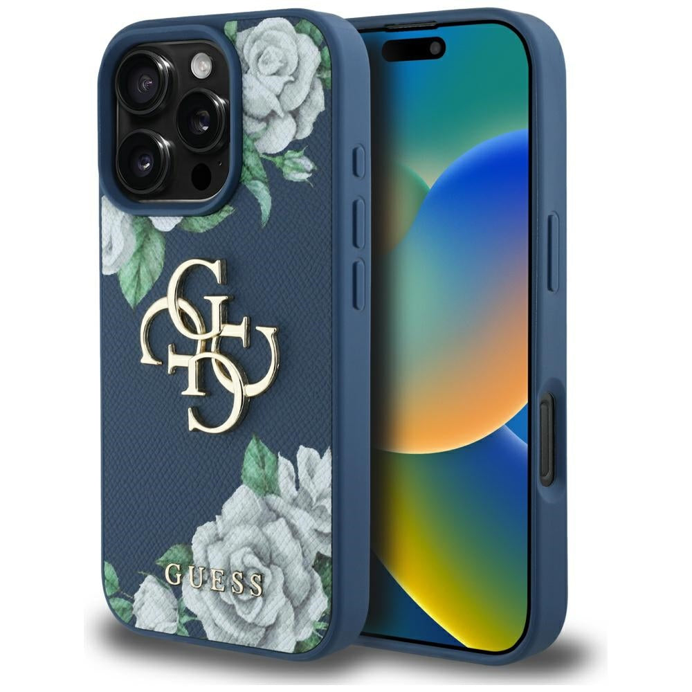 Husa Guess Grained Roses Big 4G Logo pentru iPhone 16 Pro - Albastru