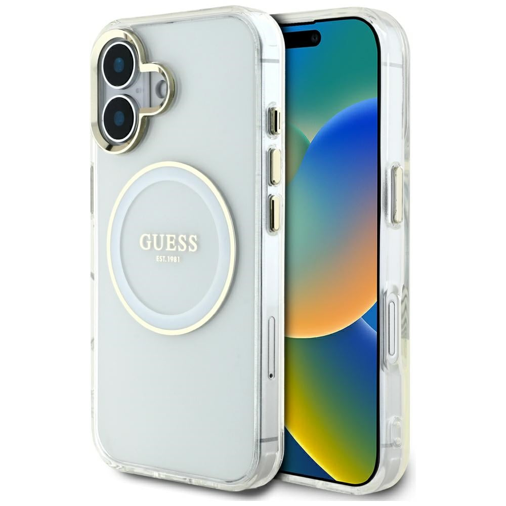 Husa Guess IML Metal Colored Circle Classic Logo Magsafe pentru iPhone 16 - Alb
