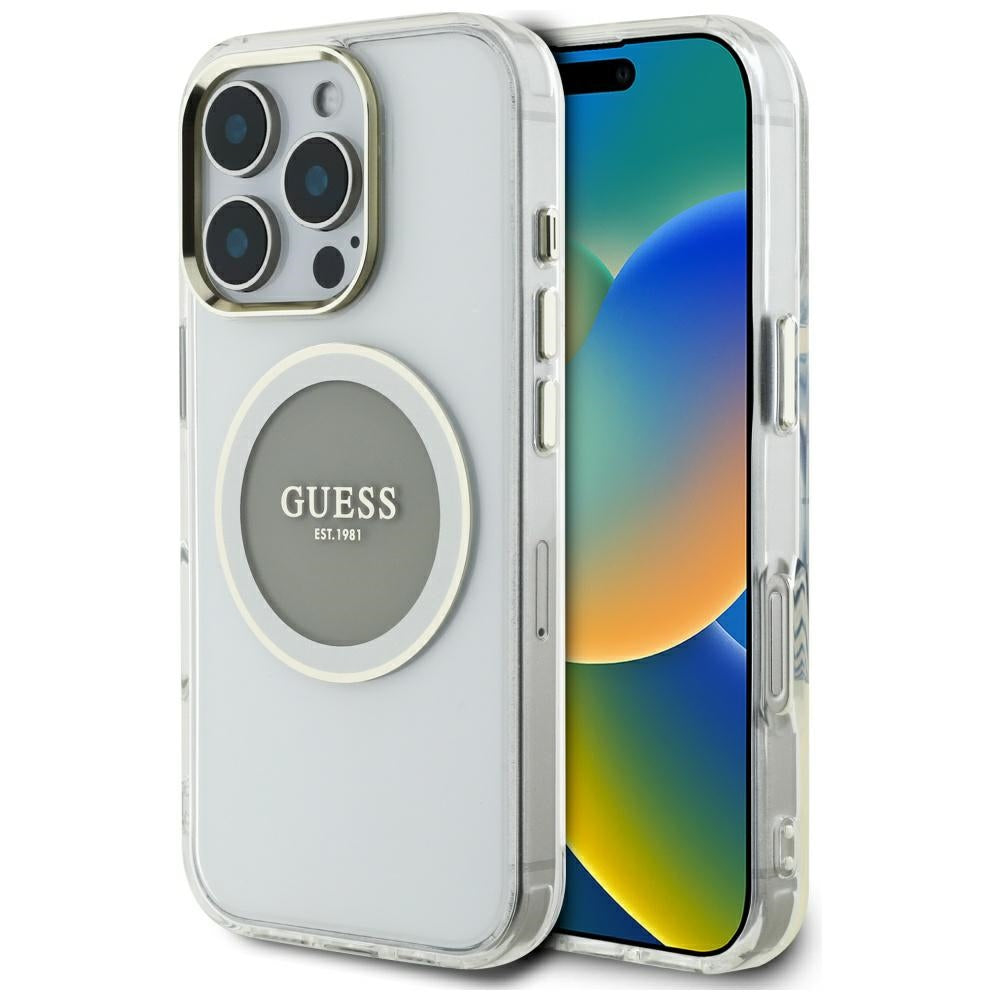 Husa Guess IML Metal Colored Circle Classic Logo Magsafe pentru iPhone 16 Pro Max - Gri