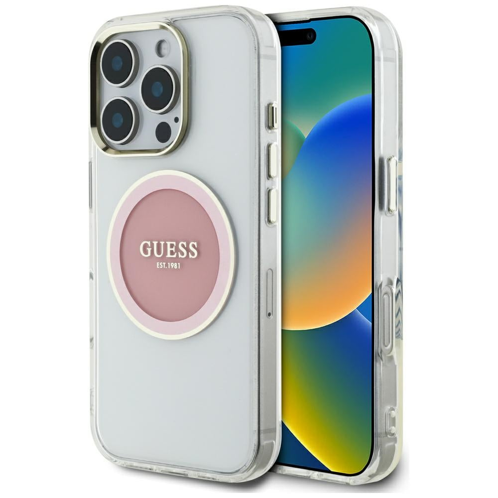 Husa Guess IML Metal Colored Circle Classic Logo Magsafe iPhone 16 Pro - Roz