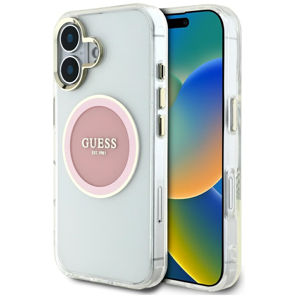 Husa Guess IML Metal Colored Circle Classic Logo Magsafe iPhone 16 - Roz