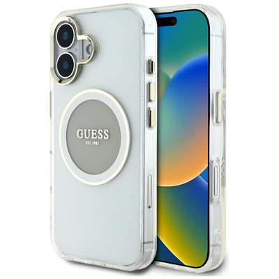 Husa Guess IML Metal Colored Circle Classic Logo Magsafe pentru iPhone 16 - Gri