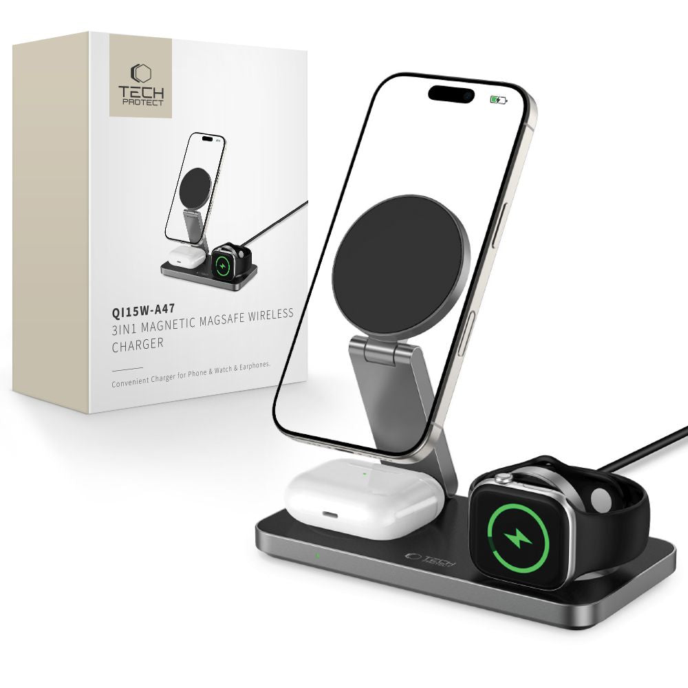 Cablu Tech-protect Qi15w-a47 Magsafe 3in1 Inductive Incarcator + Usb-c - Negru