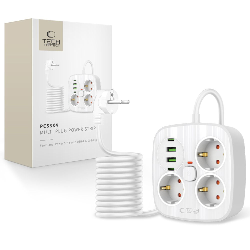 Cablu Tech-protect Power Strip, 3 Sockets, 2xUSB-A, 2xUSB-C 200 Cm - Alb