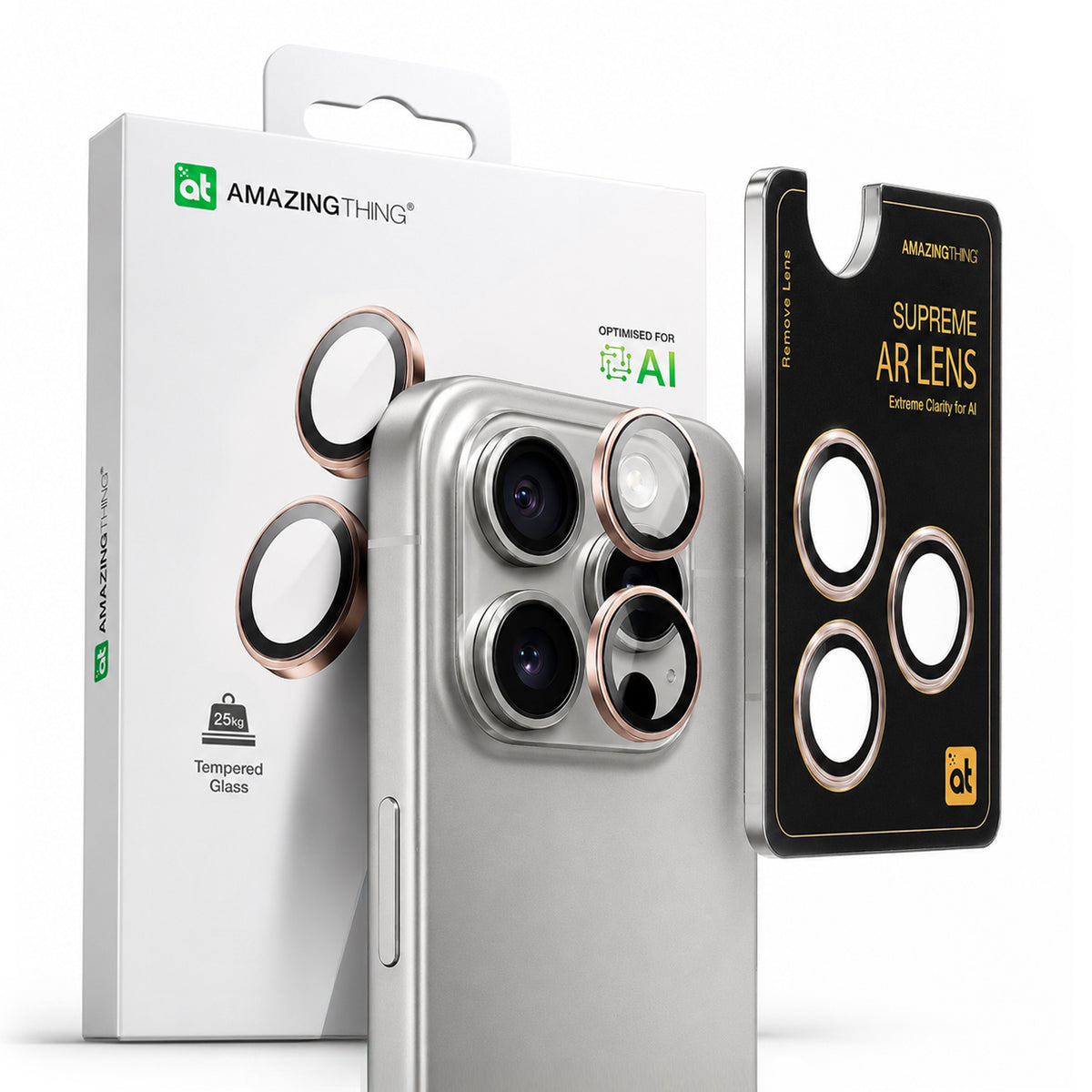 Folie Amazingthing AR Aluminum 3 camera cu Lens Frame pentru iPhone 16 Pro / 16 Pro Max - Roz auriu