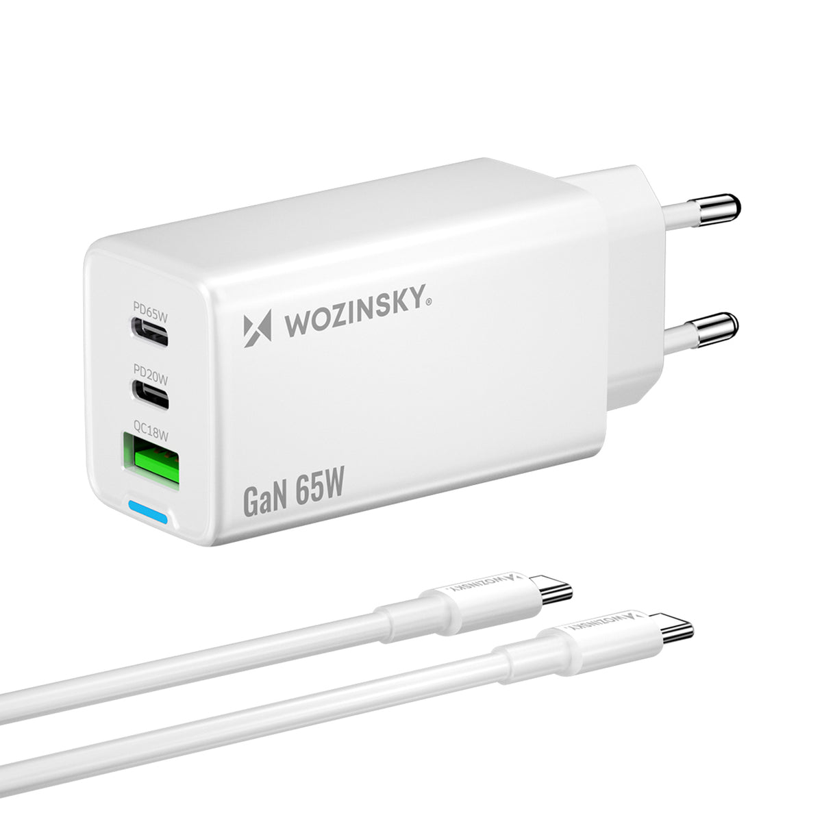 Cablu Wozinsky Gan 65W Incarcator cu Usb-a 2xUSB-C Ports cu 65W Usb-c - Alb