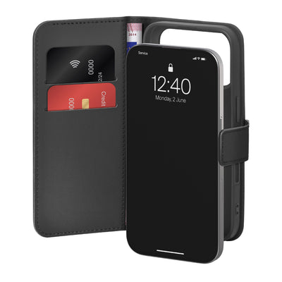 Husa Puro Wallet Stand pentru iPhone 17 Pro Made Of Eco-leather, cu A Flap, Wallet, And Stand Function - Negru