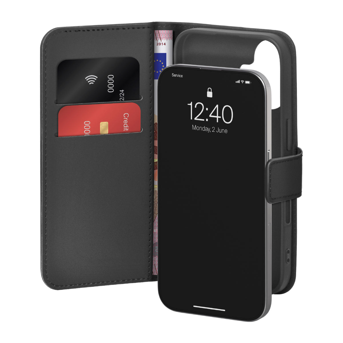 Husa Puro Wallet Stand pentru iPhone 17 Made Of Eco-leather, cu A Flap, Wallet And Stand Function - Negru