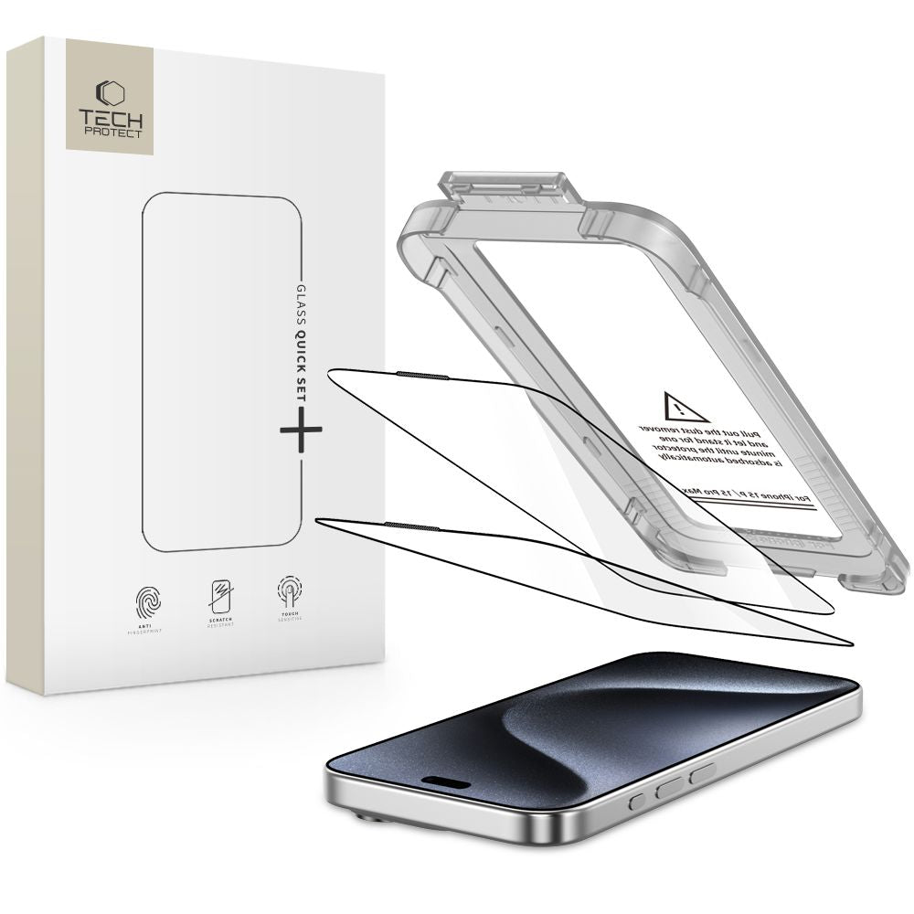 Folie Tech-protect Quick Set+ 2-pack sticla pentru iPhone 15 Pro - Negru