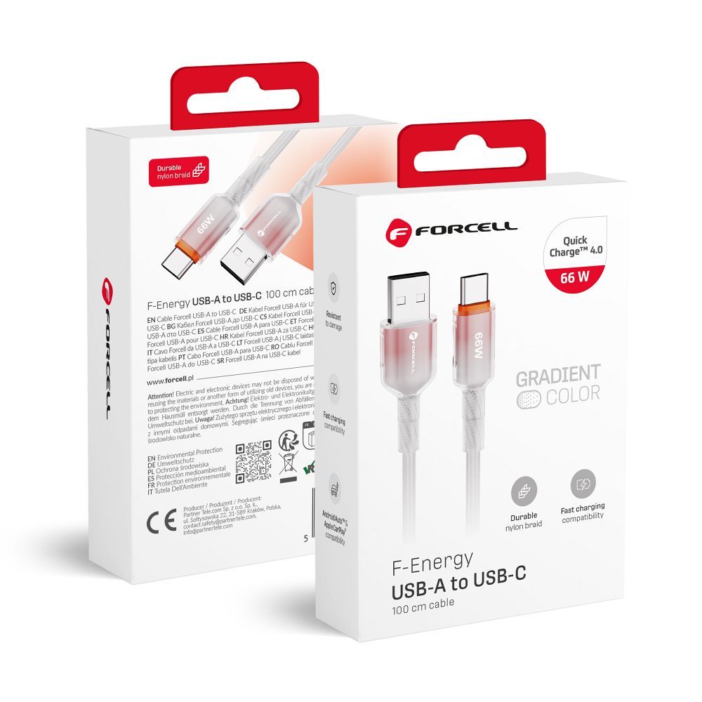 Cablu Forcell USB A To USB C F-energy Qc4.0 3A 66W Gradient 1 M C352 Alb