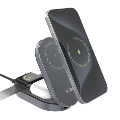 Incarcator priza SBS 3-in-1 Foldable Wireless Charging Station QI2 MFI - Made pentru iPhone - Negru