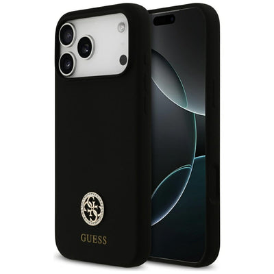 Husa Guess Silicone Logo Strass 4G Magsafe pentru iPhone 17 Pro Max - Negru