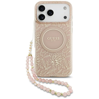 Husa Guess IML Flowers Electro Pearl Curea Magsafe pentru iPhone 17 Pro Max - Roz
