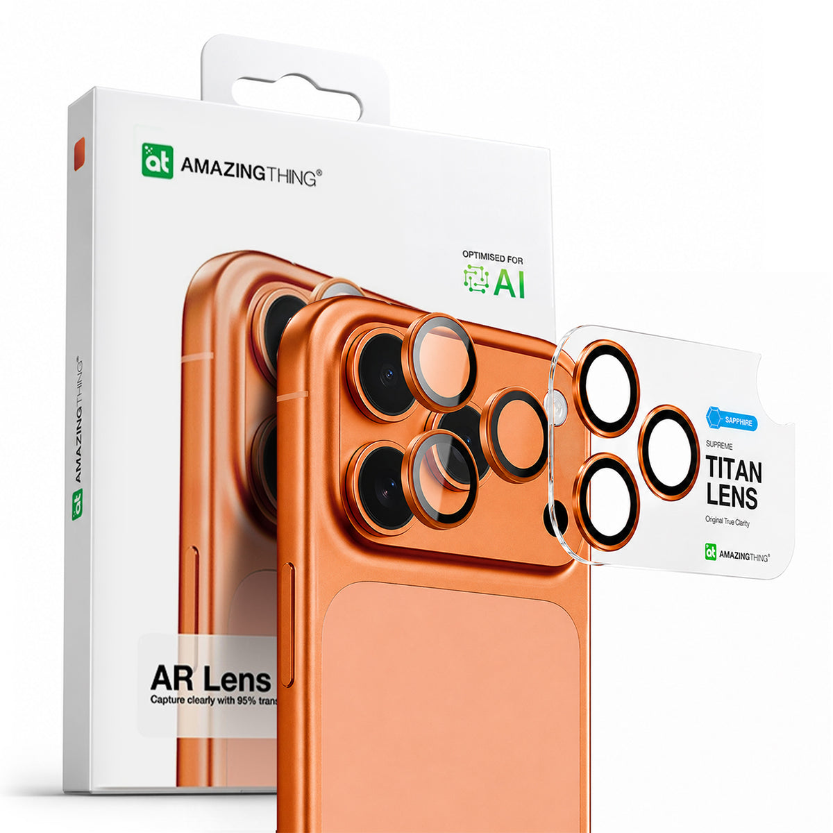 Folie Amazingthing AR Sapphire Camera pentru iPhone 17 Pro / Pro Max - cu Portocaliu Frame