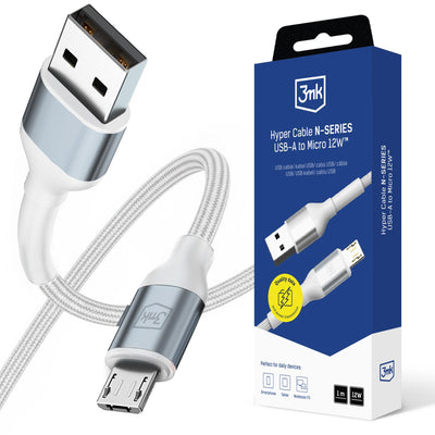 Cablu 3mk Hyper N-series Usb-a / Microusb 1m 5V/2.4A 12W / Alb