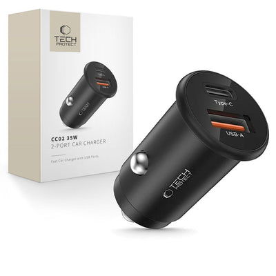 Incarcator auto Tech-protect Cc02 35W 2-Port Usb-c / Usb-a - Negru