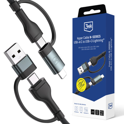 Cablu 3mk Hyper N-series 2 In 2 Usb-a / Usb-c And Usb-c / Lightning 1.2m QC 3.0 9V/2A 60W - Negru