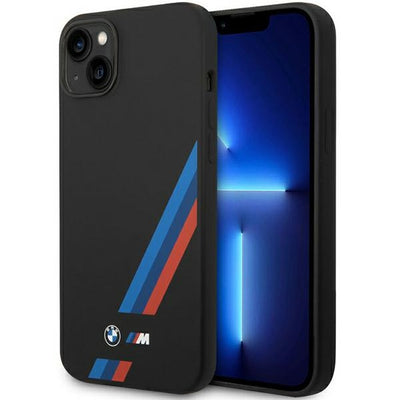 Husa BMW Silicone Slanted Sttripes Na iPhone 14 Plus / 15 Plus - Negru