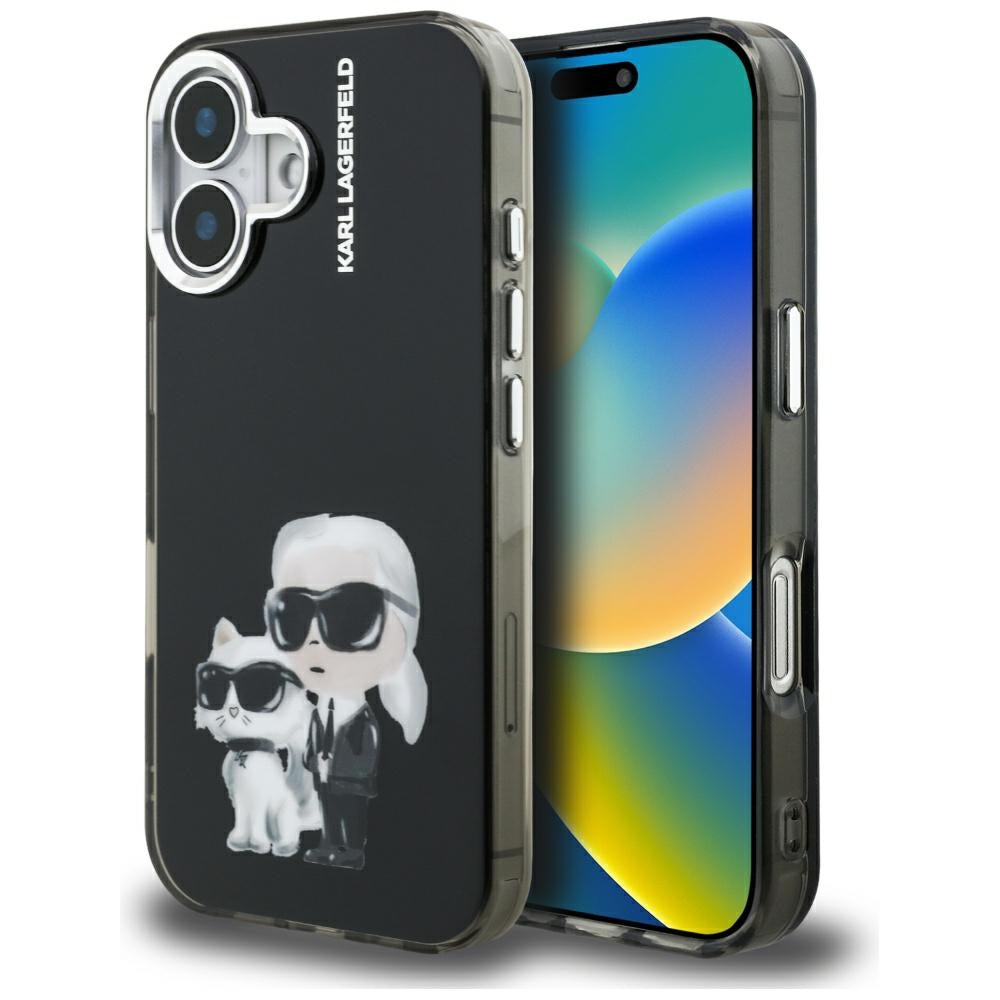 Husa Karl Lagerfeld IML Aquarelle Karl & Choupette & Logo iPhone 16 - Negru
