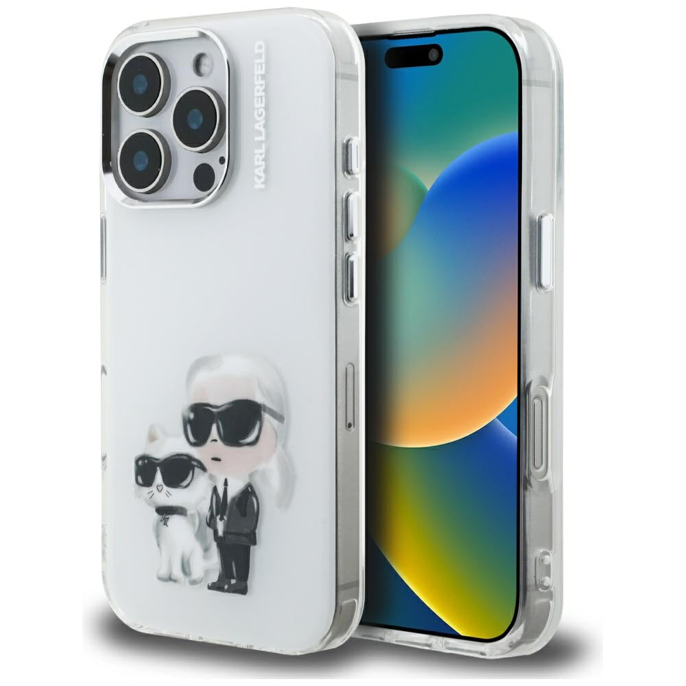 Husa Karl Lagerfeld IML Aquarelle Karl & Choupette & Logo pentru iPhone 16 Pro Max - Alb