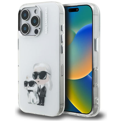 Husa Karl Lagerfeld IML Aquarelle Karl & Choupette & Logo pentru iPhone 16 Pro Max - Alb