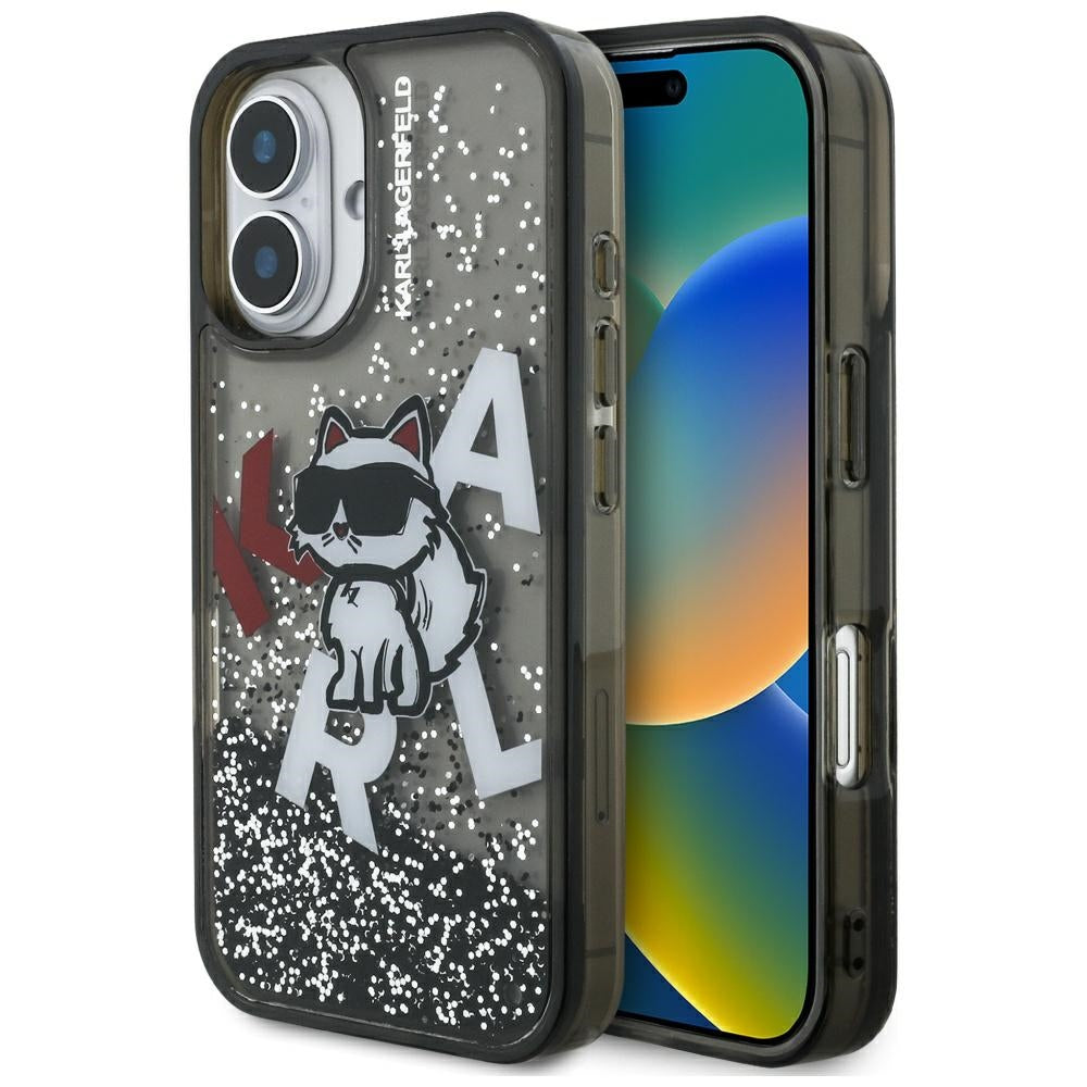 Husa Karl Lagerfeld Liquid Glitter Choupette Logo iPhone 16 - Negru
