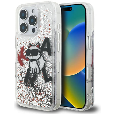Husa Karl Lagerfeld Liquid Glitter Choupette Logo pentru iPhone 16 Pro Max - Transparent