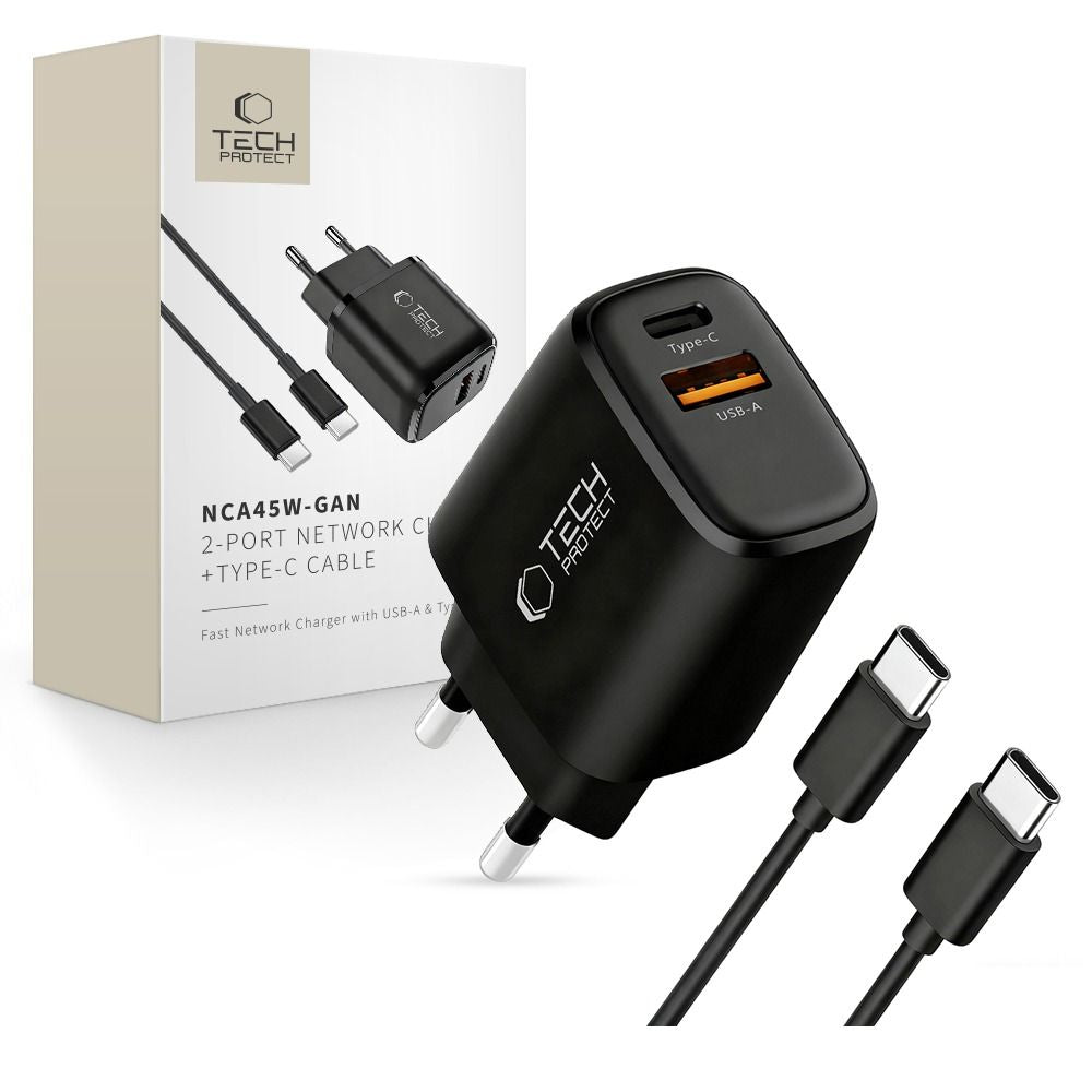 Cablu Tech-protect Nca45w-gan 2-Port 45W Incarcator priza cu Usb-c - Negru