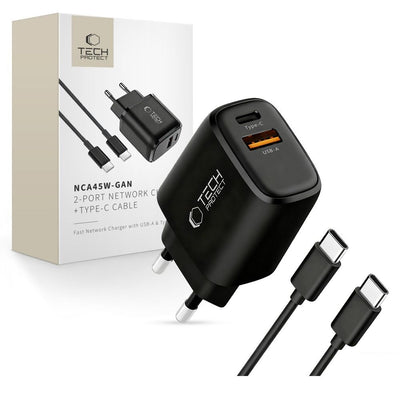 Cablu Tech-protect Nca45w-gan 2-Port 45W Incarcator priza cu Usb-c - Negru