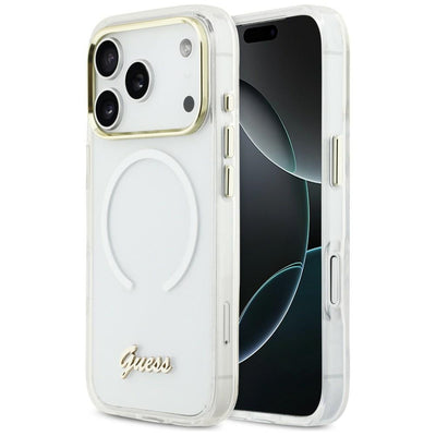 Husa Guess IML Gradient Script Metal Magsafe pentru iPhone 17 Pro Max - Alb