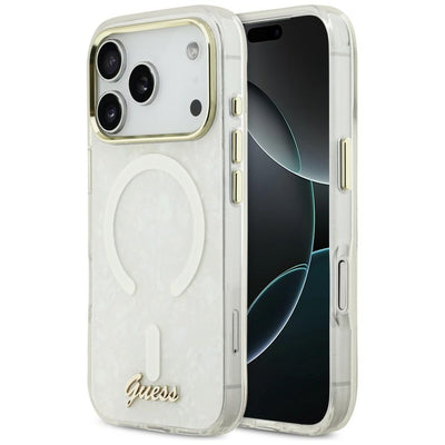 Husa Guess IML Shell Script Metal Magsafe pentru iPhone 17 Pro Max - Alb