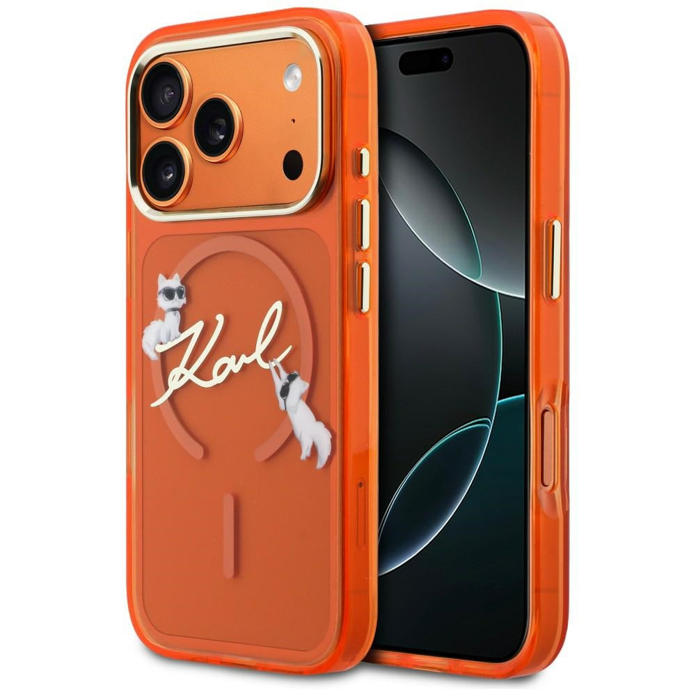 Husa Karl Lagerfeld IML Choupettes Karl Script Logo Magsafe pentru iPhone 17 Pro - Portocaliu