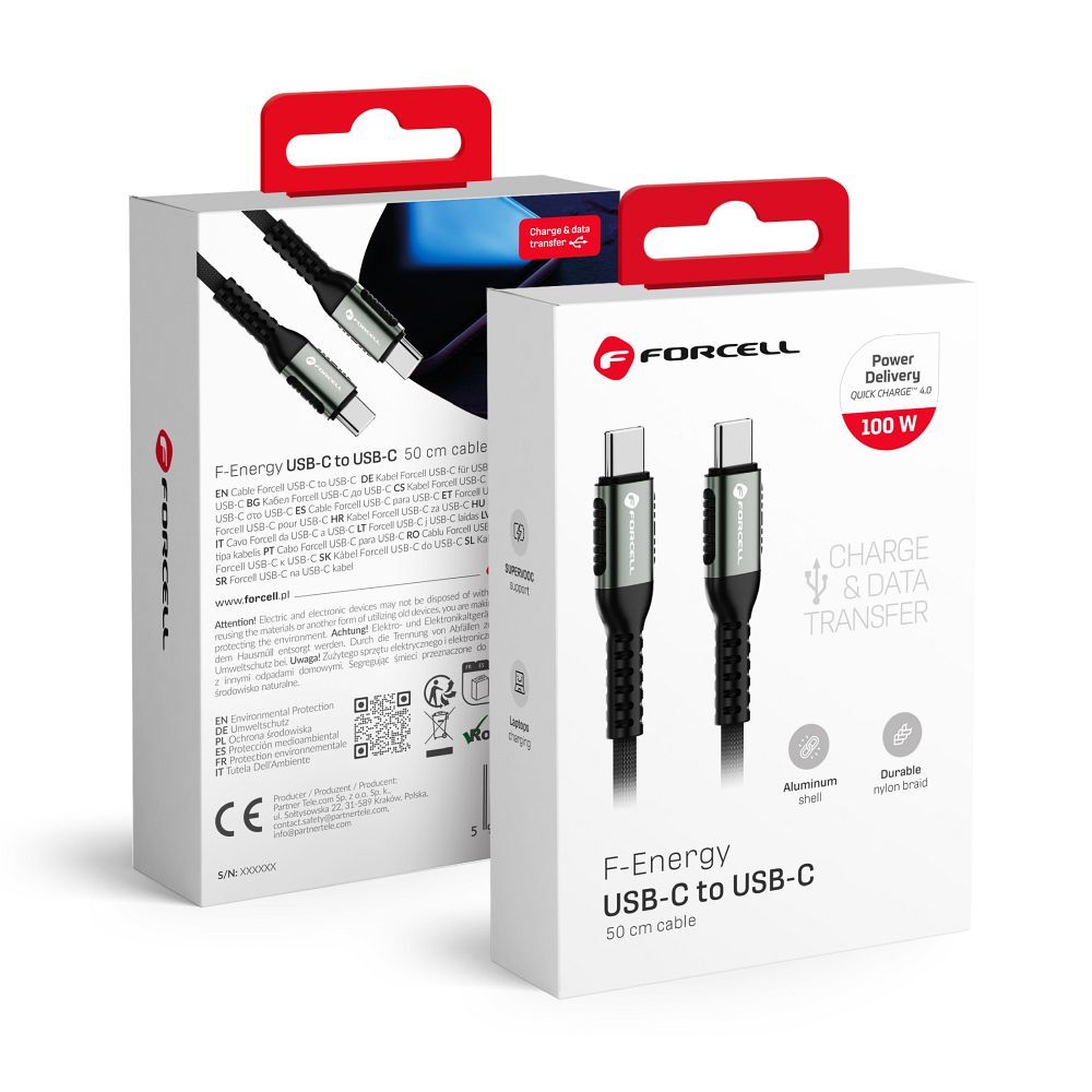 Cablu Forcell USB C To USB C F-energy Qc4.0 PD 5A 100W Cafule 0,5 M C260 Negru