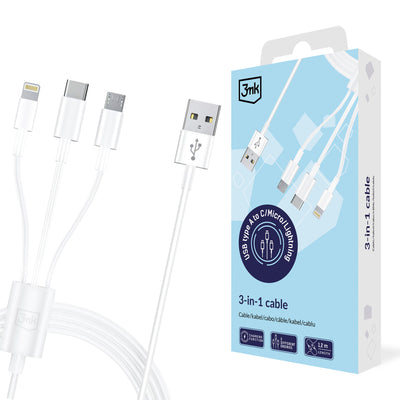 Cablu 3mk 3in1 Usb-a - Micro USB / Lightning / Usb-c 1.2m 20V/2.4A 15W - Alb