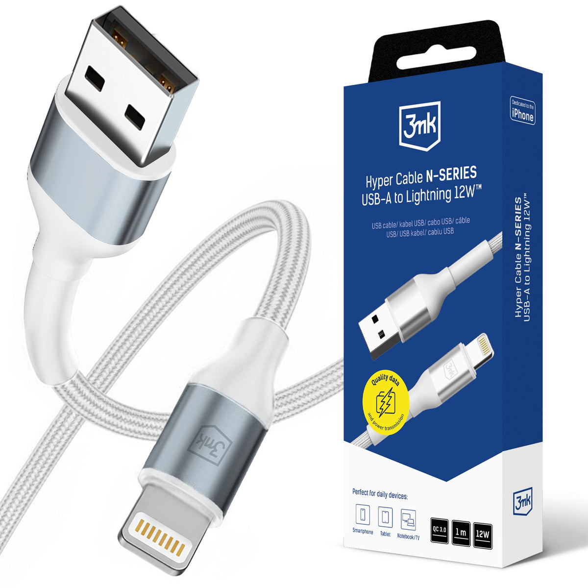 Cablu 3mk Hyper N-series Usb-a / Lightning 1m QC 3.0 5V/2.4A 12W - Alb