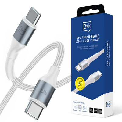 Cablu 3mk Hyper N-series Usb-c / Usb-c 2m PD 3.0 QC 3.0 20V/5A 100W - Alb