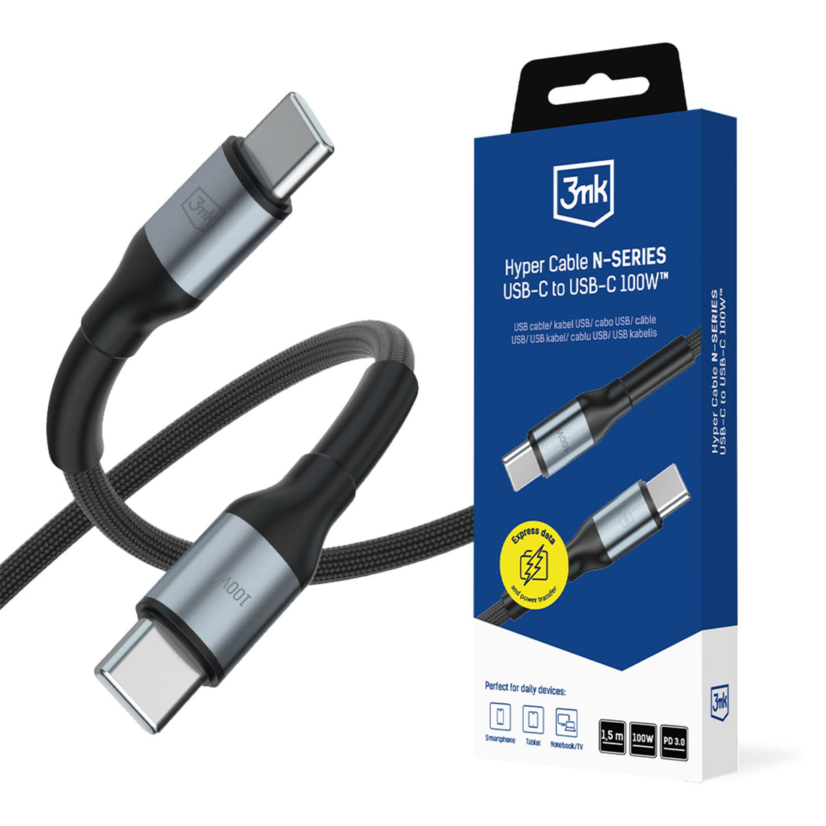 Cablu 3mk Hyper N-series Usb-c / Usb-c 1.5m PD 3.0 QC 3.0 20V / 5A 100W - Negru