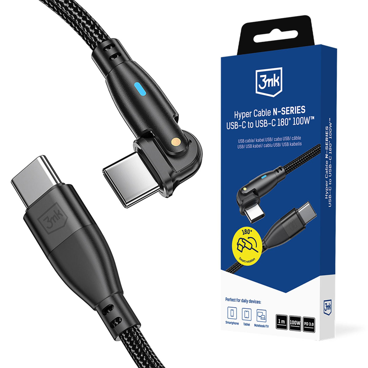 Cablu 3mk Hyper N-series Usb-c / Usb-c 1m PD 3.0 QC 3.0 20V / 5A 100W - Negru